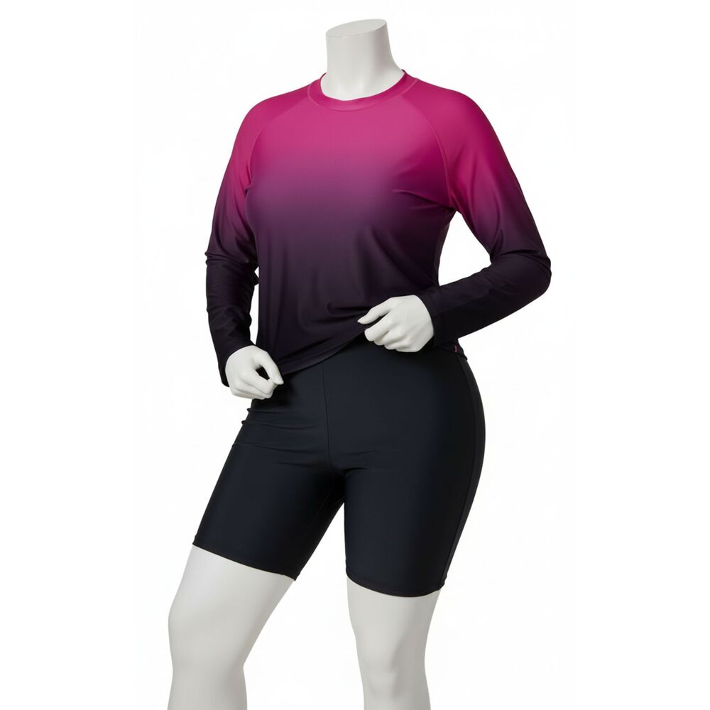 Women's Gradient Long-Sleeve Swim Top and Bike Shorts Set - Magenta to Black